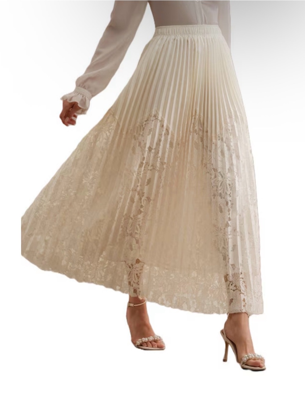Lace Panel Pleated Maxi Skirt in Cream